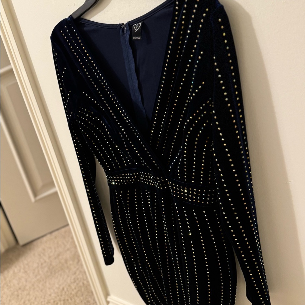 Elegant stretchy dark blue velvet Studded Dress size medium